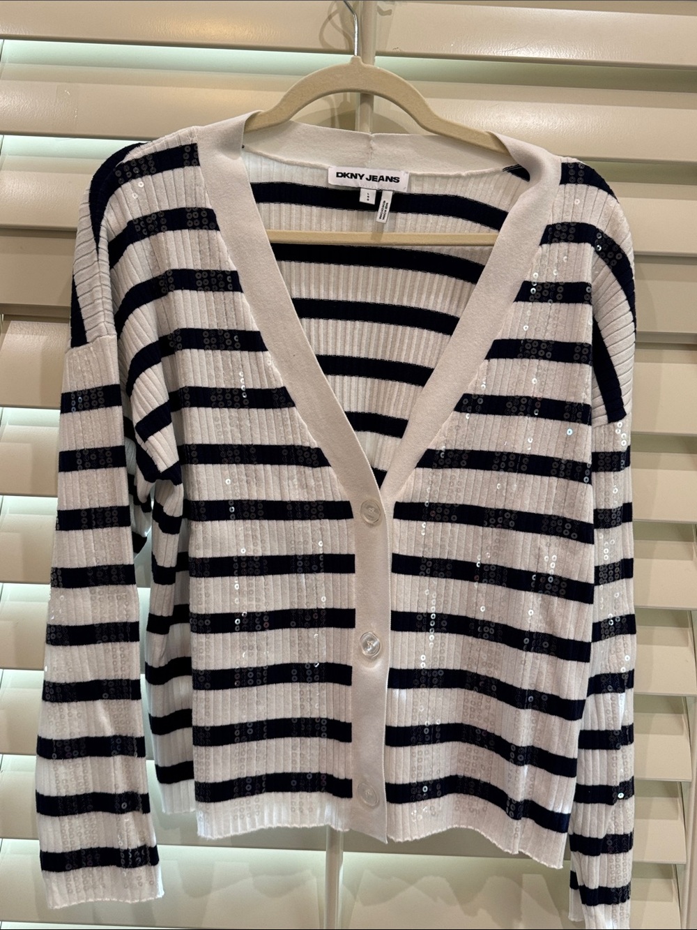 Dkny Jeans White and Black Striped Sequin V-Neck Cardigan